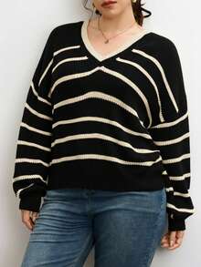 CosyJoli 大码女式V领长袖条纹套头毛衣，日常穿着，后背蝴蝶结设计，休闲时尚 - 黑與白 - 查看 8