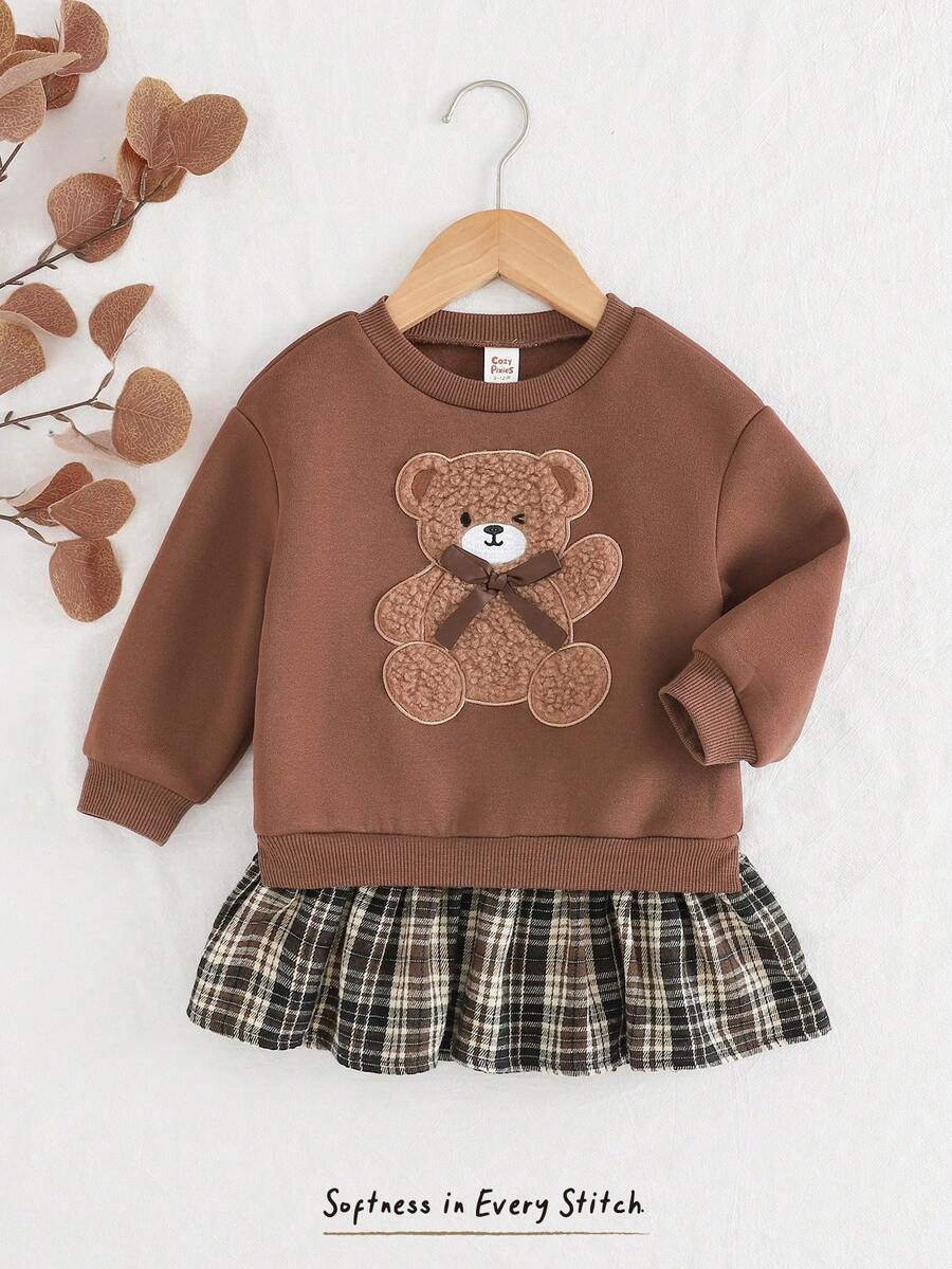 Cozy Pixies Vestido de manga larga con cuello redondo, suave y de punto, con estampado de oso de dibujos animados para bebé niña - Marrón - Ver 1