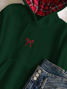 Sudadera informal con bordado de lazo para niñas preadolescentes, sudadera con lazo de otoño/invierno, sudadera con lazo, sudadera verde - Multicolor - Ver 4