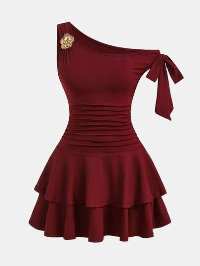 SHEIN Girlism Teen Girls Red Solid Color Metal Flower Decor Ruched Shoulder Ruched Hem Fashionable Dress Dark Red Dress One Shoulder Dress Girls Maroon Dress For Girl