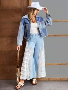 EMERY ROSE 女士休闲拼接做旧牛仔夹克