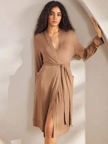 Ocili Comfortable, Smooth Robe, Women's Sleepwear Bathrobe, Cozy Outfit, Fall & Winter - Brown - View 7