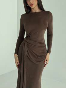 Aloruh Đầm ôm sát tay dài màu nâu thanh lịch, xếp ly, thích hợp cho tiệc tùng, năm mới và mùa đông. - màu nâu - Xem 3