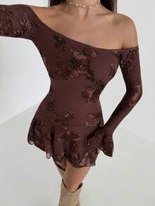 Aloruh Vestido Curto Minimalista de Uso Diário com Ombros à Mostra e Bordado Floral para Mulheres - Café - Visão 7