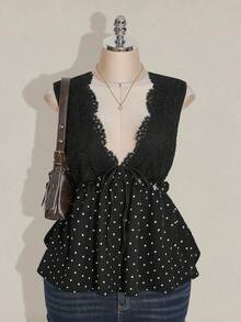 SHEIN ICON Plus Size Black Lace Polka Dot Sleeveless Babydoll Knit Top,Polka Dot Top,Cute Black Top