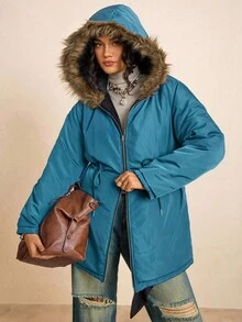 SHEIN LUNE 大码女式长袖拉链前襟拼接仿毛领连帽休闲冬装外套 - 黑色 - 查看 4