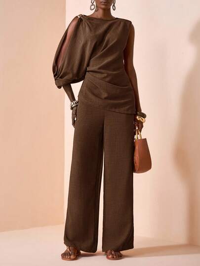 Zivah 2025 Autumn New Music Festival, Easter, St. Patrick's Day, Western, Nomadic, Birthday Party, Graduation Season, College Style, Student Wear, Daily Casual, Basic Versatile, Leisure, Vacation, Cruise Travel, Beach, Sunbathing, Viral , Streetwear, Wedding Guest Boho, Commute, Brunch, Airport, Party & Holiday, Elegant Off-Shoulder Round Neck Metal Decor Long Red Satin Shiny Maxi Dress