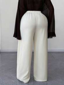 Maweii Plus Size Women's Solid Color Pocket Patchwork Design Wide Leg Loose Pants - Beige - View 2
