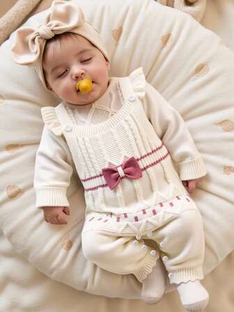 SHEIN Baby Girls' Casual Fashion Cute White Ruffled Floral Knit Jumpsuit , Soft & Comfortable, Suitable For Daily, Outings, Travel, Vacation, Home, Daycare, Autumn/Winter, Christmas, Party, Versatile Winter Christmas Halloween Toddler Cardigan Sweater Autumn Fall Jumpers Sweaters Tops Dress Dresses Christmas Jumper Cozy Pixies Prepcrw Christmas Outfit Halloween  New Born Toddler  Fall Winter Dress Halloween  Romper Stuff Halloween Jumper Jumper Cardigans Shirts White Cardigan Clean Downtown Off The Shoulder Sweater Outfit Sets Pink Sweater Jacket Cute Fall Outfits Outfits Top Maija Christmas Dress  Toddler Fall Dark Purple Skirt Christmas Sweater  Fall Sweaters Unisex White Sweater Vest Skirt Sets