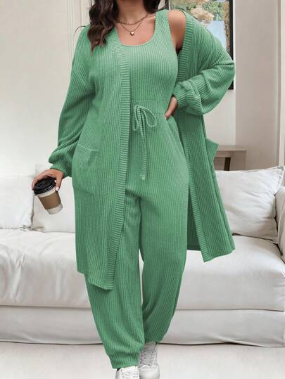 Vionelle 大码女式纯色落肩长袖开衫腰带连体裤休闲两件套