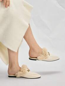 Mnmlis 2025新款女士毛绒平底一脚蹬乐福鞋，保暖内里，秋冬季 - 米色 - 查看 6