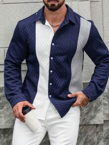 Manfinity Homme Men's Contrast Color Single-Breasted Long Sleeve Knitted Button Up Shirt,Navy And White,Autumn,Casual,City Break Open Knit Layered Dress Shirt - Multicolor - View 6