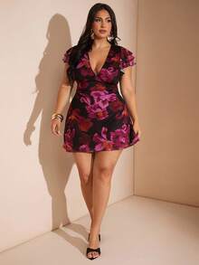 SHEIN BAE Plus Size Women Elegant Floral Mesh Printed Tight Fitted Deep V-Neck Dress, Slimming, Arm Flattering, Beach Outfit For Women,Airport Outfit Women,Festival Outfits Women,Graduation ,Women Summer Clothes,Going Out Tops Women,Rave Outfits,Club Outfits Women Sexy,Birthday Outfits For Women,Western Wear Women,Wedding Guest Dress Women,Summer Dresses For Women,Holiday Outfits,Vacation Outfits Woman,Pink Dress/ Plus Size Floral Dress/ Plus Size Wrap Dress/