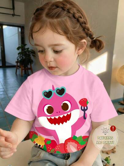 BABY SHARK X SHEIN Baby Girl Cute Cartoon Shark Print Round Neck Short Sleeve Top, Summer