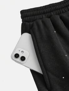 SHEIN Girlism 少女黑色纯色时尚水钻装饰高腰抽绳宽松直筒运动裤秋季女童装 - 黑色 - 查看 3