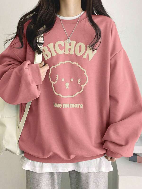 DAZY Sudadera holgada de felpa con contraste de colores y estampado para mujer