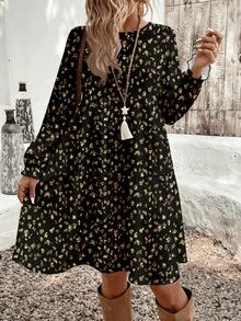 EMERY ROSE Vestido Casual Solto com Estampa Floral Miúda e Leopardo de Gola Redonda, Adequado para Outono/Inverno, Plus Size