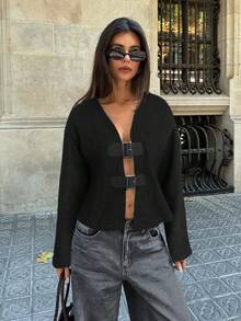 Aloruh Women's Autumn/Winter Cardigan Coat With Buckle - Black - View 3