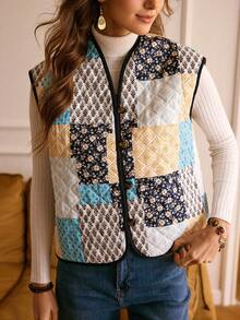 EMERY ROSE Áo vest chần bông in họa tiết chắp vá phong cách miền Tây thường ngày dành cho nữ LanaWest - Màu xanh hải quân - Xem 3