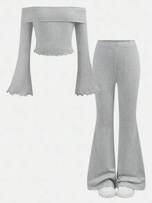 SHEIN Bộ 2 món áo len lệch vai màu xám + quần ống loe cho bé gái tuổi teen, trang phục thường ngày đa năng - Xám - Xem 12