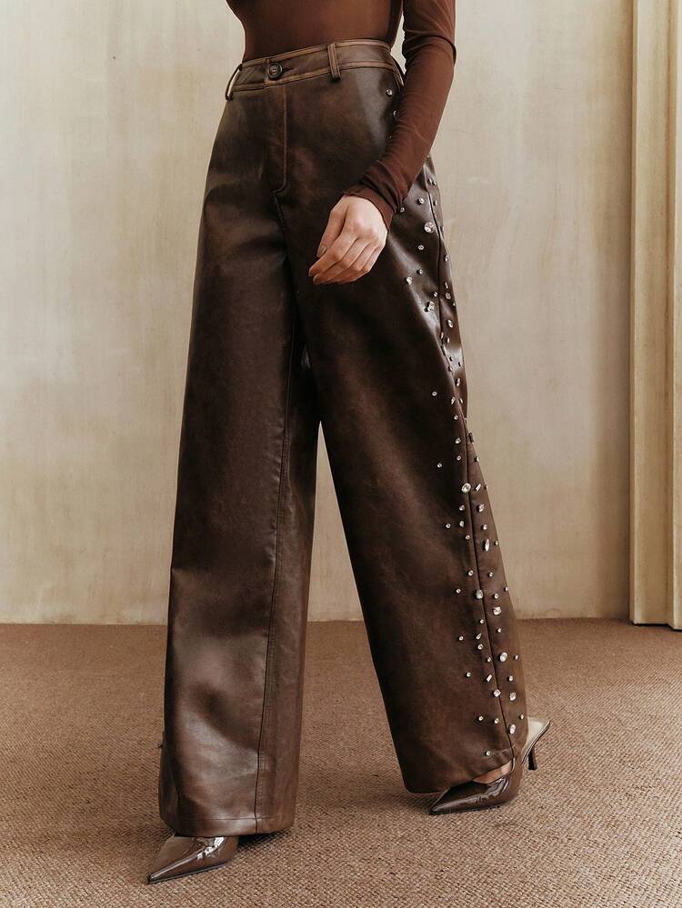 Brown Rhinestone Distressed PU Leather Straight Leg Pants For Women, Suitable For Fall, Winter, Spring, Summer, New Year, Party, Wedding, Elegant, Chic, Stylish, Business Casual