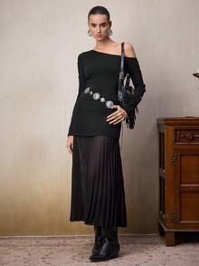 Modelyn 女士Y2K蝴蝶结装饰斜肩长袖时尚T恤单肩连衣裙优雅黑色连衣裙单袖连衣裙黑色正式连衣裙长款黑色连衣裙黑色褶皱连衣裙女士优雅连衣裙 - 黑色 - 查看 5