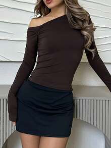 Jemour 女式不对称不对称领口长袖修身休闲 T 恤，纯白色，秋冬 - 咖啡棕 - 查看 3