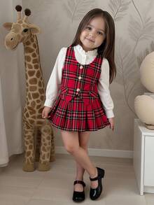 Emery Rose Kids 3 件套年轻女孩优雅金色纽扣背心、荷叶边领衬衫和百褶裙格子套装，适合秋冬季、派对、日常穿着、圣诞节、学校、姐妹装 - 紅白色 - 查看 4