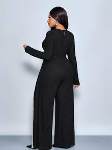 SOLERSUN 大码女装 性感优雅女装 秋季女装 秋季连体裤 女士套装 冬季女装 返校季感恩节女装 返校季服装，方领长袖黑杏色撞色拼接纽扣针织阔腿连体裤，适合通勤、办公、休闲购物、约会、日常穿着，2026，新年 - 黑色 - 查看 2