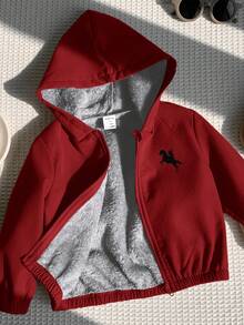 SHEIN 男女宝宝通用酒红色保暖连帽外套，休闲可爱，适合男宝宝和女宝宝，秋冬季穿着