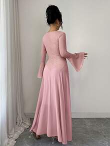 Modelyn Modisches, elegantes Kleid mit V-Ausschnitt, strukturierter Strickware, Perlen und ausgestelltem Chiffon