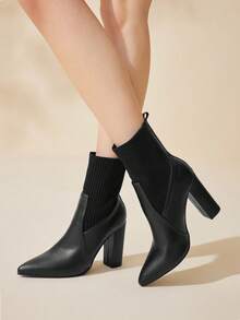 CUCCOO BASICS Women's Pointed Toe Chunky Heel Black Boots, Fashion Elegant Commute All-Match Versatile Knit Mid-Calf Short Booties For Christmas - Black - View 5