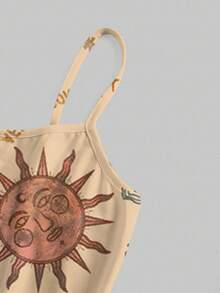 ROMWE Fairycore 嬉皮度假浪漫椰子树太阳嬉皮月亮和星星性感吊带背心弹力全印花迷你连衣裙女 - 米色 - 查看 3