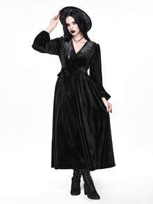 ROMWE Gothic Style Sexy Spider Web Embroidery Deep V-Neck Velvet Long Sleeve Dress - Black - View 8