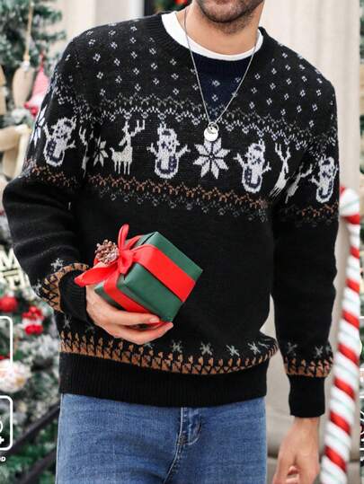Manfinity Homme 男士圣诞驯鹿图案圆领长袖休闲毛衣，秋冬