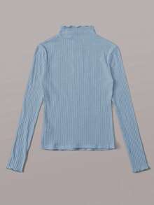 SHEIN EZwear 浅蓝色罗纹针织立领长袖休闲T恤，适合大码女性 - 霧霾藍 - 查看 2