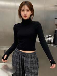 少女黑色纯色高领修身打底T恤，多功能内搭，简约长袖 - 黑色 - 查看 2