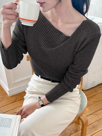 DAZY 女士斜肩圆领修身长袖柔软毛衣