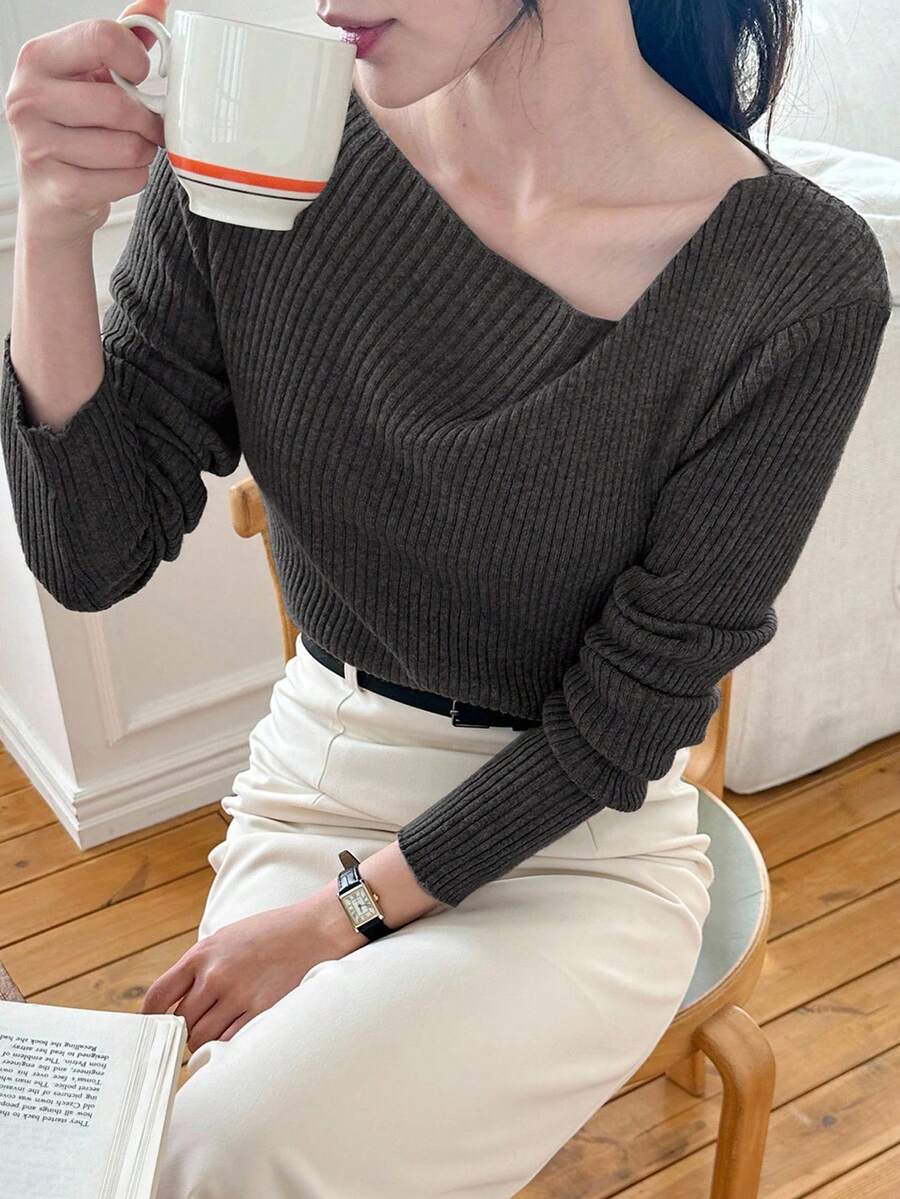 DAZY Women's Oblique Shoulder Scoop Neck Fitted Long Sleeve Soft Sweater - Dark Grey - View 1