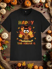 Manfinity Homme Thanksgiving Funny Turkey Slogan Fashion Casual Print Men's Standard Fit Short Sleeve T-Shirt, Warm Family Atmosphere Matching Parent-Child/Couple Thanksgiving Shirt Funny Graphic Tees - Black - View 2