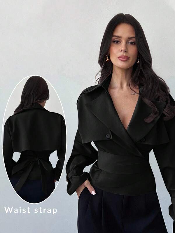 Firerie Women's Solid Color Lapel NeckLong Sleeve Tie Waist Elegant Short Trench Coat