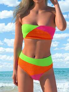 Swim Vcay Women's Summer Beach Color Block Neon Bandeau Sexy Bikini Set Bathing Suit - Multicolor - View 3