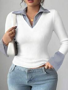 Elenzga 女士加大码优雅撞色领口和袖口设计修身高弹罗纹面料休闲长袖上衣 - 彩色 - 查看 7