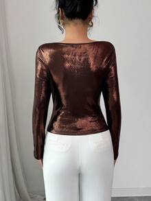 Elenzga Nowa, błyszcząca, elastyczna tkanina damska, skośne ramiona, długi rękaw, asymetryczny, marszczony wzór, wiosna/jesień, wakacje, codzienny, uniwersalny, lśniący, wyszczuplający talię, elegancki T-shirt damski