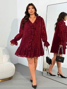 Enliva Váy dài tay rộng rãi cỡ lớn cho nữ, họa tiết cắt laser/Mùa đông, dành cho dáng người quả táo tròn - Màu Đỏ Sâu - Xem 6