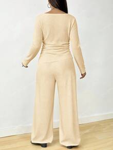 Solflare Plus Size Long Sleeve Top And Wide Leg Pants 2 Pieces Set - Apricot - View 2