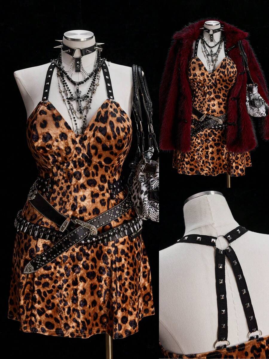 Sunspun Vestido curto justo com estampa de leopardo e plush, elegante e moderno - Multicolorido - Ver 1