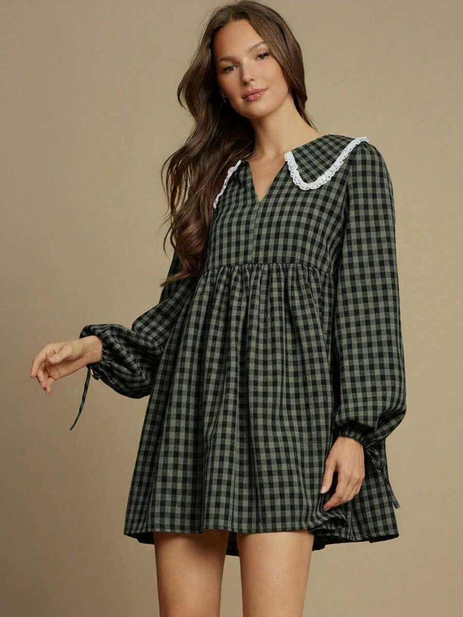 WESTFADE Gingham & Eyelet Collared V Neck Tie Sleeve Babydoll Mini Dress Cute Fall Clothes For Women Country Concert Outfit - Olive Green - View 1