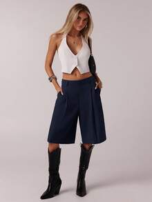 SHEIN Forever 21 Stylish Navy Blue Woven Fabric Straight Leg Bermuda Shorts For Women With Zipper - Navy Blue - View 3