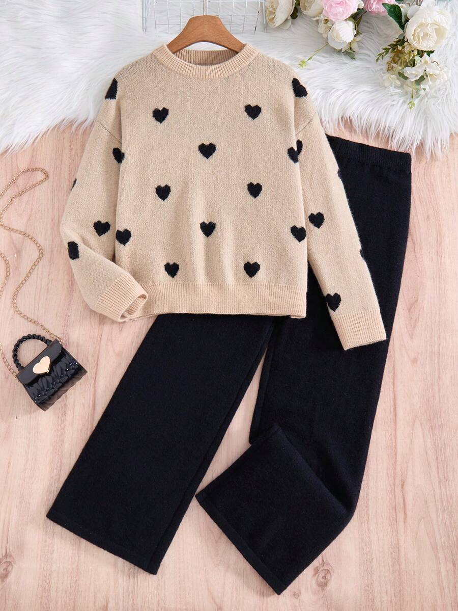 2pcs/Set Women's Fashionable Heart Graphic Crew Neck Casual Sweater And Wide Leg Pants Knit Suit, Autumn/Winter Knit Set Knit Two Piece Clothes Co Ord Sets Two Piece Set Long Sleeve Set Girl Knit Set Cute Sets Teen Clothes Set Girl Winter Clothes Teen Girls Sets Girls Sweater Sets Girl Clothes Autumn And Winter Clothes Girls Outfit Sets Winter Girl Outfit Set - Multicolor - View 1